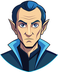 Close-up cartoon portrait of a man with elfin ears, a serious expression, and blue hair.
