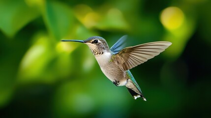 Naklejka premium A hummingbird in flight against a background of out-of-focus greenery.