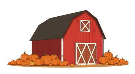 Autumn Barn with Pumpkins Illustration