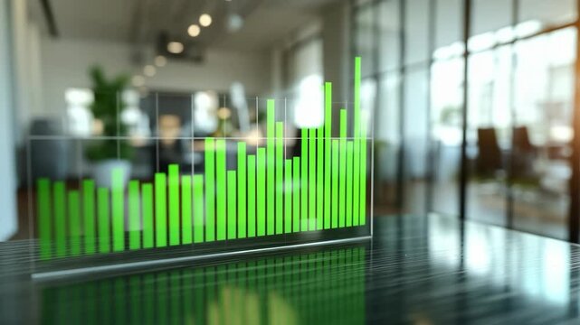 Blurred Modern Office Interior with Vibrant Green Graph Bars Depicting Business Growth and Success, financial theme and status