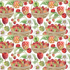Raspberry with leaves in weaved basket. Scattered ripe picked forest garden berry harvest, hand drawn in watercolor. Isolated seamless pattern. Home preserves, textile linens, food store, packaging