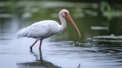Obraz premium White ibis wading in tranquil water.