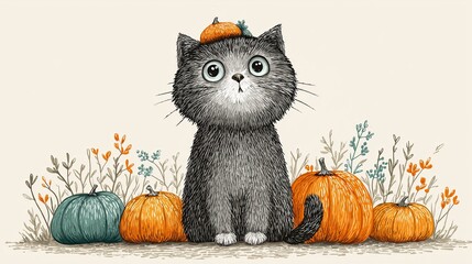 Cute kitty with pumpkins for autumn vibes.