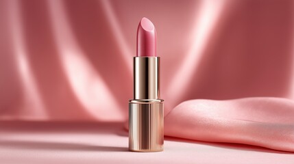 Elegant Pink Lipstick on Luxurious Satin Background for Glamorous Beauty Concept