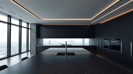 Black Luxury Supermodern Kitchen in Contemporary Minimalist Interior
