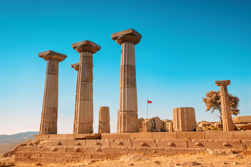 Ancient greek columns standing tall, with the turkish flag waving gently in the breeze, at the...