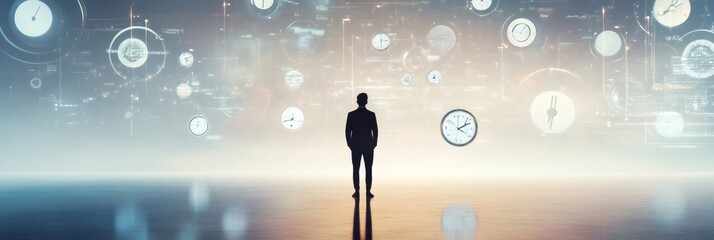 Businessman standing among numerous clocks and digital interfaces, representing the challenges of time management and the quest for effective stress relief in a fast paced world