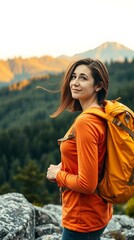 Serene Female Traveler Enjoying Peaceful Mountain Wilderness