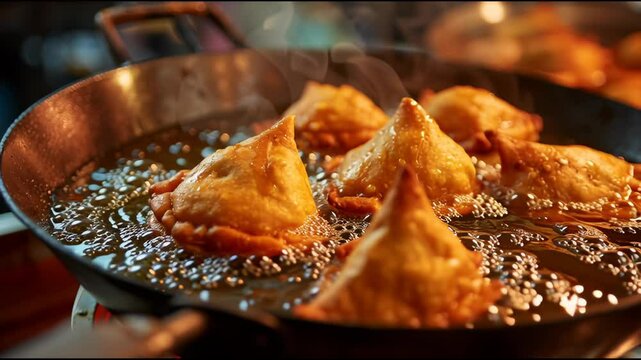 Boiling hot Samosas coming out of oil in frying utensil. Delicious Indian fried patties fresh out of the frying pan. Indian delicacy (fried pastry)