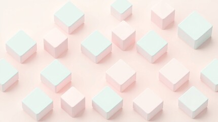 Abstract Geometric Arrangement of Delicate Pastel Cubes on Soft Pink Background, Graphic Design, Minimalist Aesthetic