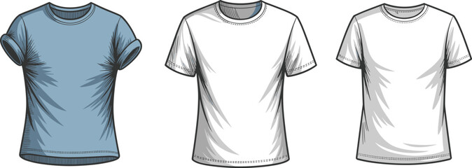 T-shirt design mockup, front view shirt template, blank tee vector, cartoon sketch t-shirt, fashion garment outline, apparel illustration © Shafik Creatives