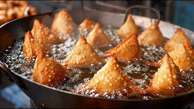 Boiling hot Samosas coming out of oil in frying utensil. Delicious Indian fried patties fresh out of the frying pan. Indian delicacy (fried pastry)