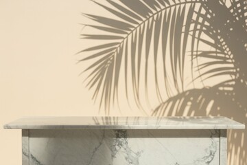 Luxurious marble table with a tropical palm tree shadow against a cream wall creates a perfect backdrop for product placement ideal for a copy space image