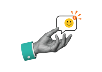Hand holding speech bubble with happy face notification on white background