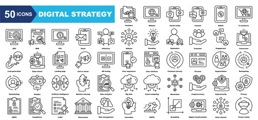 digital strategy icon collection set.Analytics,Website,Social media,Content,Mobile,E commerce,SEO.Simple line vector.