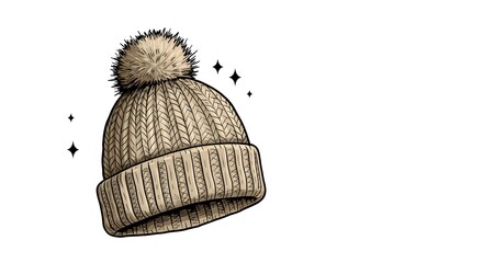 Beige Knit Pom-Pom Beanie Hat Illustration