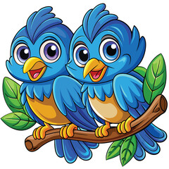 Obraz premium Cute cartoon owls, a couple of funny blue birds with heart wings, perched on a tree branch, vector illustration design