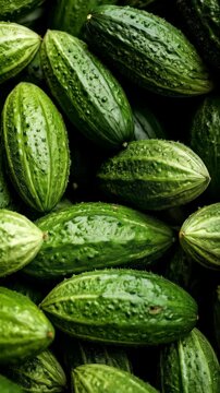 Fresh green pointed gourds piled in a heap create a natural organic texture, exhibiting unique rind detail and verdant color.