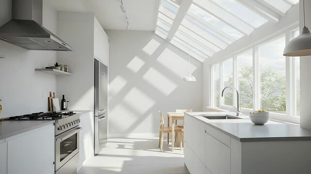 Modern bright kitchen with sleek appliances, natural light streaming through skylights, and a dining area