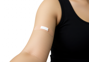 A womans arm with a bandaid after vaccination, isolated on transparent background