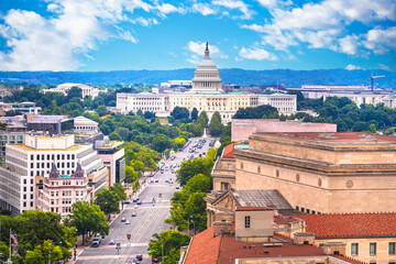 Washington DC. Aerial panoramic view of Pennsylvania Avenue landmarks and United states Congress...