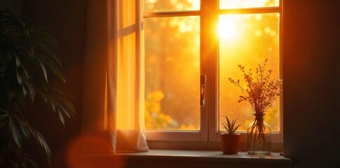 Golden hour sunlight streams through a window, illuminating dust motes dancing in the warm, lazy Sunday afternoon rays Perfect for relaxation and peaceful vibes , vibrant, golden hour, holiday