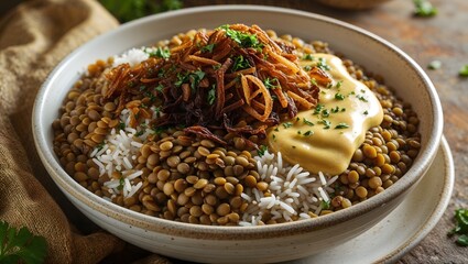 Egyptian koshari with lentils, rice, pasta, and fried onions.