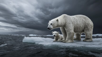 Climate Crisis Symbol: Soaked Polar Bear Mother and Cub Stranded on Melting Ice, Urgent Call for Environmental Protection
