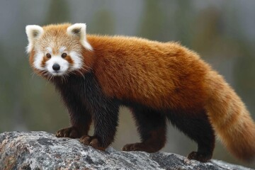 Naklejka premium Adorable Red Panda Standing on Rock in Natural Forest Habitat with Bushes and Trees in Background du Daytime