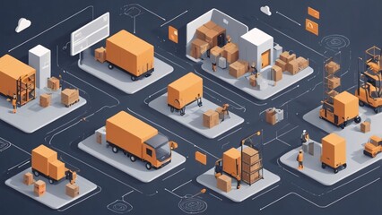 Orange Vehicles Transporting Cardboard Boxes in a Modern Network - Isometric View of Industry Operations