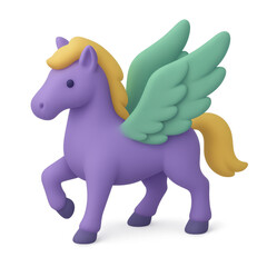 Fototapeta premium Cartoon Pegasus Purple Body Green Wings Yellow Mane and Tail Cute Style.