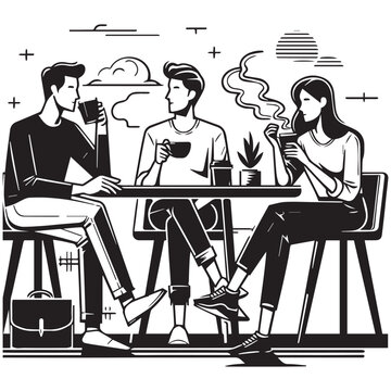 black and white vector of people sitting and drinking a cup of coffee