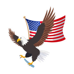 Obraz premium Bald Eagle Flying with American Flag. Patriotic Symbol of Freedom and the USA.