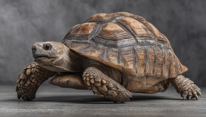 Obraz premium Large adult tortoise with detailed textured and sturdy limbs resting on dark surface against grey background for nature and animal themes