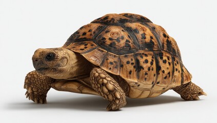 Fototapeta premium Highly detailed close-up of a large adult tortoise with a textured patterned , rugged skin, and sturdy legs on a white background