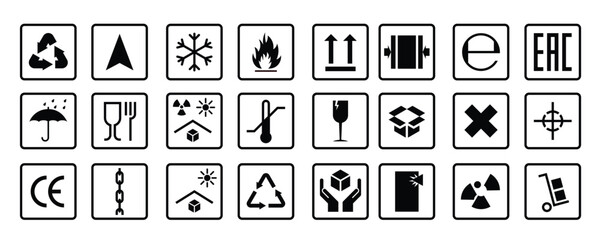 packaging symbols shipping cargo signs fragile frozen flammable this side up handle with care icons