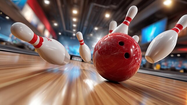 Red bowling ball hitting white pins on a lane in a bowling alley