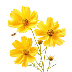 Fototapeta premium Closeup of yellow cosmos flowers attracting a nectarseeking bee in a vibrant natural setting, Closeup yellow cosmos flowers with nectarseeking insects isolated on Transparent background