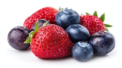Normally arranged mix of strawberries and blueberries, other berries on white background, with photo-realistic details, professional color grading, soft shadows, low contrast, and clean sharp focus.