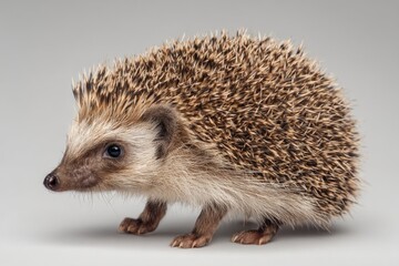 Obraz premium Close-up of a Small Hedgehog with Spiny Quills and Soft Fur on a Neutral Background, Showing Detailed Texture and Natural Colors