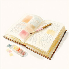 Obraz premium Watercolor Open Books with Pens and Soft Colors – Calm and Cozy Study Illustration