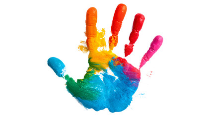 A colorful handprint pressed onto a white background with paint splatters - representing creativity and diversity