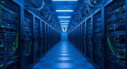 Data Center s Heart Servers hum quietly powering the digital world with bright blue neon and cable