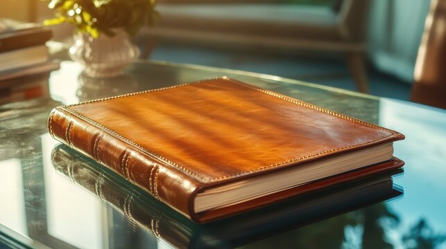 A leather-bound book resting on a glass table with warm sunlight casting shadows in a cozy, indoor setting.