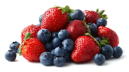 Normally arranged mix of strawberries and blueberries, other berries on white background, with photo-realistic details, professional color grading, soft shadows, low contrast, and clean sharp focus.