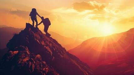 Fototapeta premium 協力で登る、夕陽に染まる山頂への道