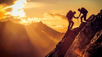 協力で登る、夕陽に染まる山頂への道