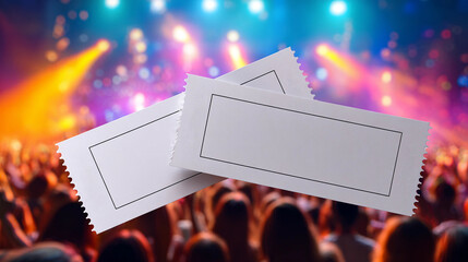 Two blank concert tickets floating above a blurred crowd at a vibrant live music event