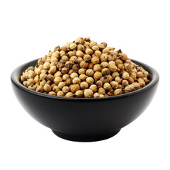 Coriander seeds in a black bowl against a plain Transparent background for culinary use or spice display, Coriander seeds in black bowl isolated on PNG background