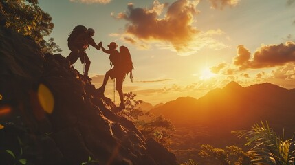 協力で登る、夕陽に染まる山頂への道